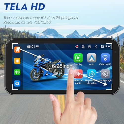 Carplay Motocicleta,Navegador GPS para Moto com Tela HD de 6,25 Polegadas,Compatível com Carplay/And