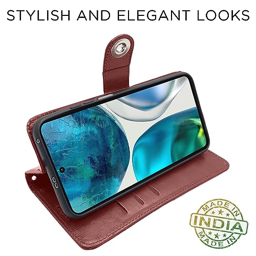 Image of Pikkme Moto G52 / G82 5G Flip Cover Leather Finish | Inside TPU with Card Pockets | Wallet Stand and Shock Proof | Complete Protection Button Flip Case (Brown)