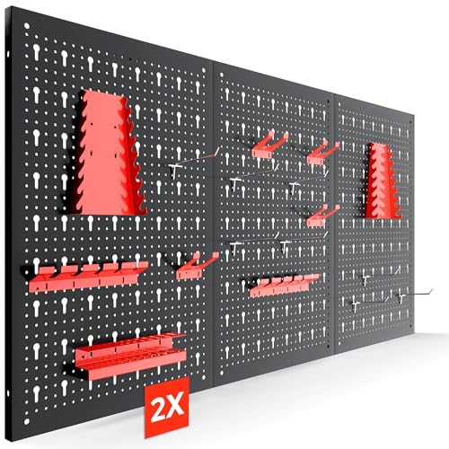 Arebos Panel Portaherramientas de Pared 6 Piezas | Kit con 34 Ganchos | 235,2x59,5 cm | Panel Perforado Metálico para Taller | Soportes para Herramientas | Incluye Material de Montaje | Rojo