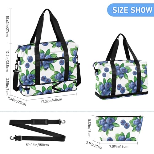Blueberry Leaves White Travel Duffel Bag for Women Men Gym Bag with Shoe Compartment Wet Pocket Carry On Weekender Overnight Bags for Travel Hospital Gym3