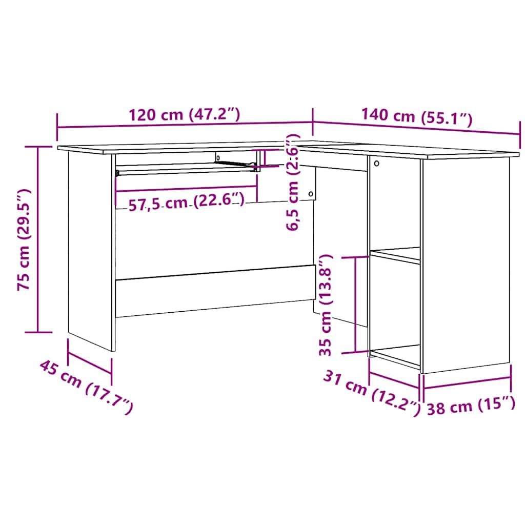 vidaXL Bureau d'angle vieux bois 120x140x75 cm bois d'ingénierie, bureau, bureau d'étude, mobilier de bureau à domicile, bureau d'ordinateur