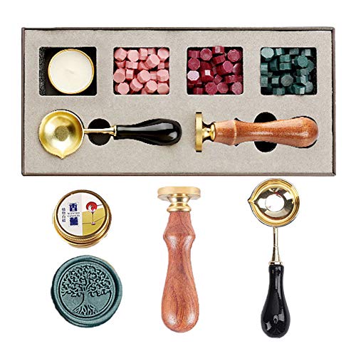 Anice Wax Sealing Set, Antique Wax Sealing Stamp Maker Copper, Sealing Wax Beads with Spoon Candle Box Pack for Wax Seal, Sealing Envelopes, Crafts and Decoration(Classic Tree of Life)