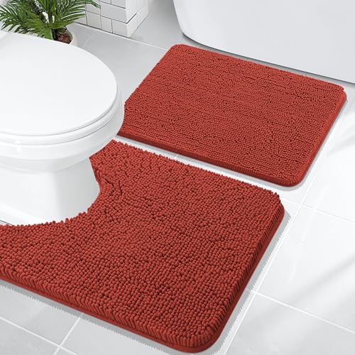 Image of OLANLY Bathroom Rugs Sets 2 Piece, Soft Absorbent Chenille Bath Mats and U-Shaped Contour Toilet Rug Set, Machine Washable Bath Carpet, Home Decor Accessories(24 inchx16 inch+24 inchx20 inch, Rustic Terracotta)
