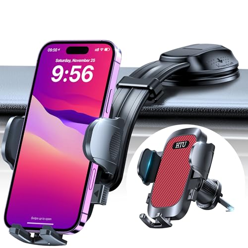 Image of HTU Upgraded Strongest Suction Car Phone Holder Bendable Arm, Never Block View Rotatable Cellphone Mount for Dashboard Windshield Vent, Cradle Stand for iPhone 17 16 15 14 13 12 Pro Max (Red)