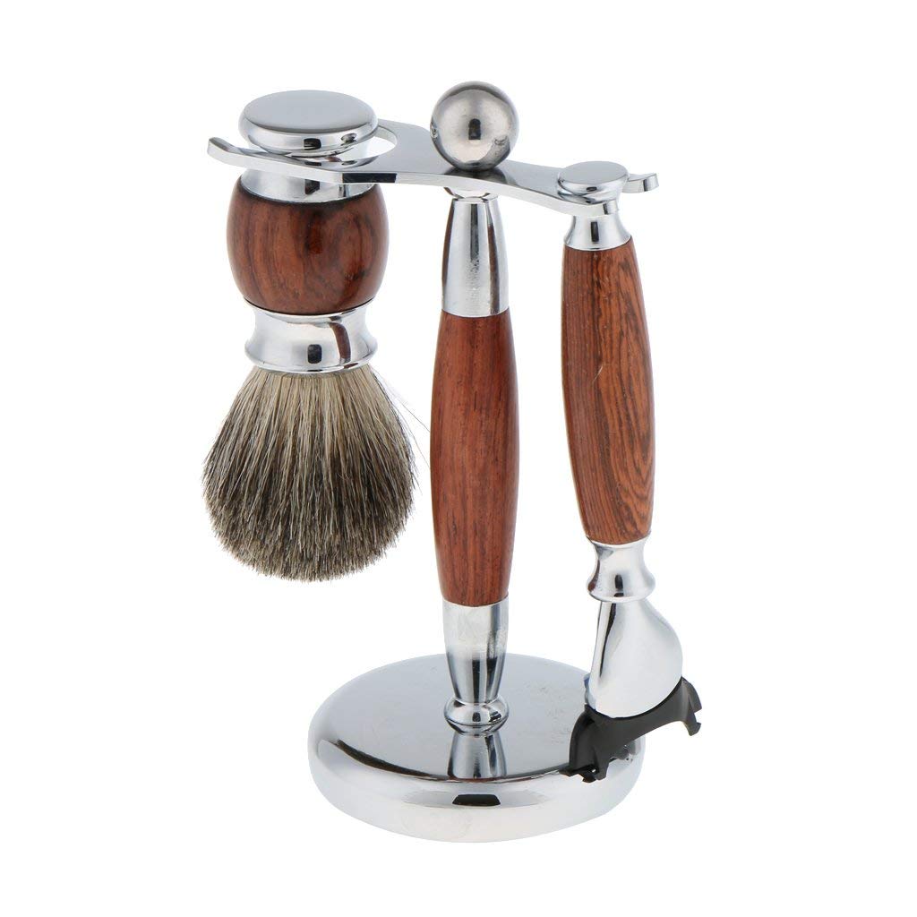 Ensemble de Rasage Rasoir de Sécurité + Blaireau à Barbe + Support de Outil de Rasage en Acier Inoxydable et Bois