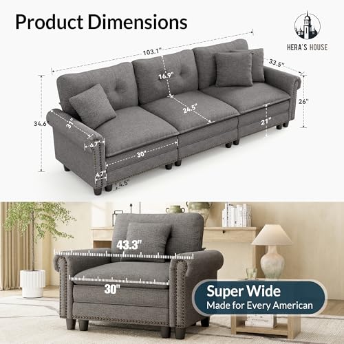 Image of HERA'S HOUSE 103.1 inch Modular Sectional Couch for Living Room Deep Seats | Mid-Century Modern 3-Seater Cloud Sofa, Dark Grey, Rolled Arms & Nailhead Trim, Wider & Deeper Seats, Soft Linen