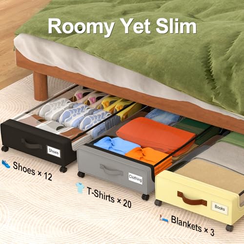 Image of GoMaihe Under Bed Storage with Wheels: 48L Underbed Storage Containers with Lids - Rolling Bins for Shoes Clothes in Dorm Bedroom - Metal Drawers Easy Pull-out Grey 4-Pack