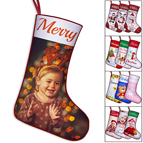 YanNanKe Personalized Baby 1st Christmas Stocking Custom Baby's First Christmas Stockings for Newborn with Name Photo Xmas Tree Fireplace Home Decoration Gift for Baby Girls & Baby Boys