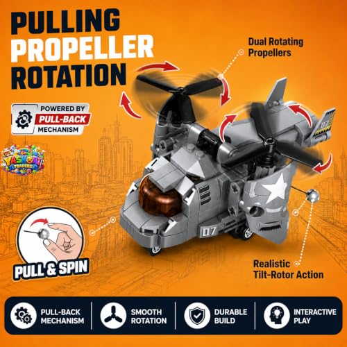 Image of Yashoni Transport Plane Building Blocks Set - 218 Pcs Military Gunship Model | Dual Pull String Propeller Action, STEM Construction Toy for Kids 6+ Boys & Girls | Educational 3D Building Kit, Gift