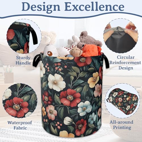 Image of Floral Boho Laundry Basket,Foldable Oxford Cloth Pink Flower Vintage Laundry Hamper with Handles, 20.8 inchx16 inch Tote Bag Clothes Storage Bucket for Laundry Room /Bathroom /Bedroom /Dormitories