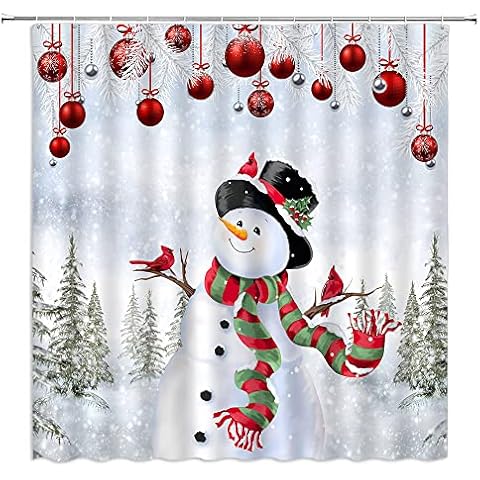 Merry Christmas Shower Curtain Cute Snowman Red Silver Xmas Ball Snowflake Pine Tree Winter Holiday Festival Bath Fabric Curtain Sets with Hooks,Red White Green Cover
