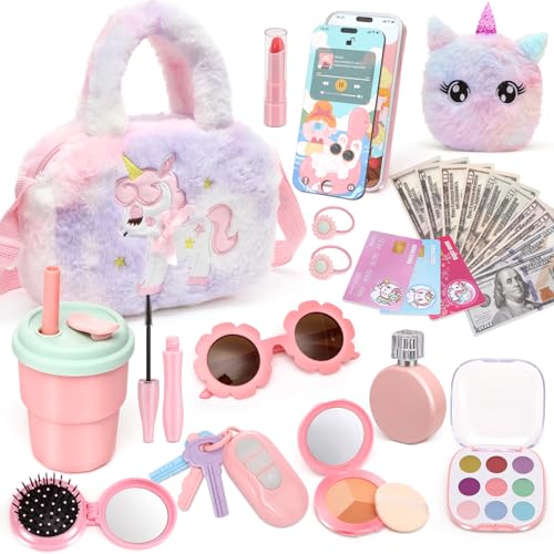 Chinloca Unicorn Girls Handbag with Pretend Makeup Set for Girls 3+