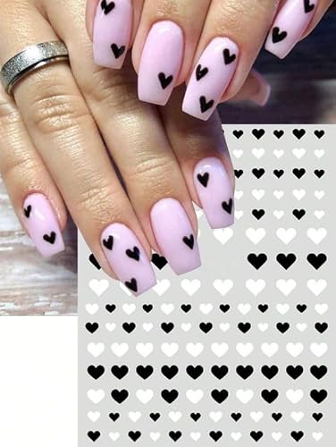 2 Sheets French Black and White Heart-Shaped 3D Nail Art Stickers Self-Adhesive Women's Minimalist Nail Art Design DIY Decorative Accessories