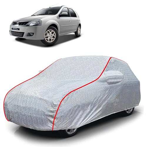 Image of Sulfar 100% Waterproof Car Body Cover Compatible with Mirror for Mahindra Verito Vibe (Triple Stitched, Full Bottom Elastic, Magic Silver with Red Piping)