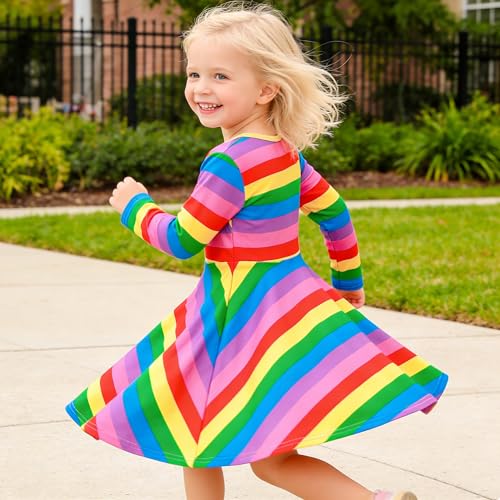 Image of Tkria Toddler Girls Rainbow Dress Striped Fall Dress Cartoon Colourful Long Sleeve Casual Dressy 2-7T