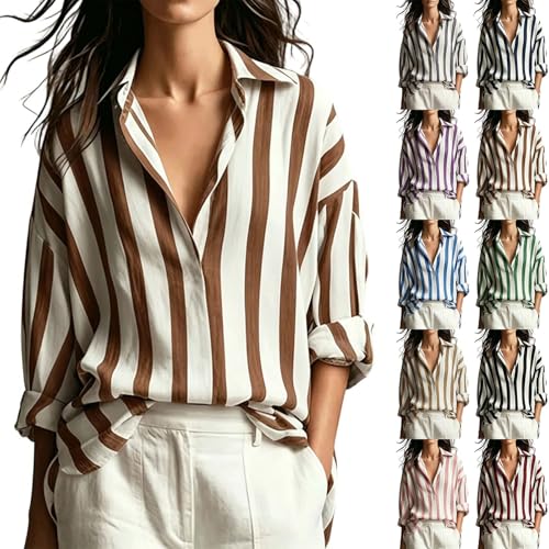 Boho Tops for Women Striped Long Sleeve Shirt V Neck Loose Fit Flowy Blouses Gauze Top Collared Casual Office Clothes Linen Shirt Women Brown Medium
