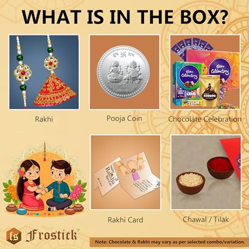 Image of Frostick Rakhi Set Bhaiya Bhabhi Raksha Bandhan Gift Combo Flower Design with Cadbury Celebrations, Roli, Chawal, Greeting Card & Gift Box (Design 2 Rakhi)