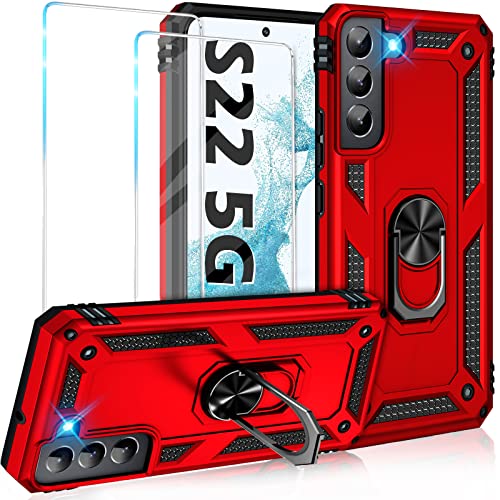 Image of Vaki for Samsung Galaxy S22 5G Case with Built in Screen Protector Military Grade Hard Rugged Cover Heavy Duty Armor Galaxy S22 Phone Cases with Metal Ring Kickstand Shockproof Red