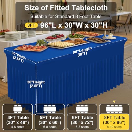 Image of Smiry Spandex Elastic Fitted Table Cloth Skirt for 8FT Rectangle Table | Stretch Washable Table Cloth, Banquet Table Cover for Wedding, Party, Indoor & Trade Shows, (Blue, 96Lx30Wx30H)