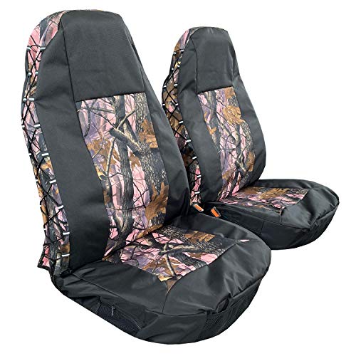 CAMERRI Camo Seat Covers for Trucks Chevy Silverado, Ford F150, Dodge Ram 1500, Toyota Tacoma, Jeep Wrangler, Canvas Car Organizer-Pink Black 2PCS