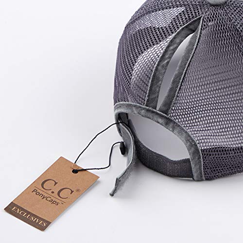Image of C.C Exclusives Washed Distressed Cotton Denim Criss-Cross Ponytail Hat Baseball Cap Bundle Hair Tie (BT-1007)