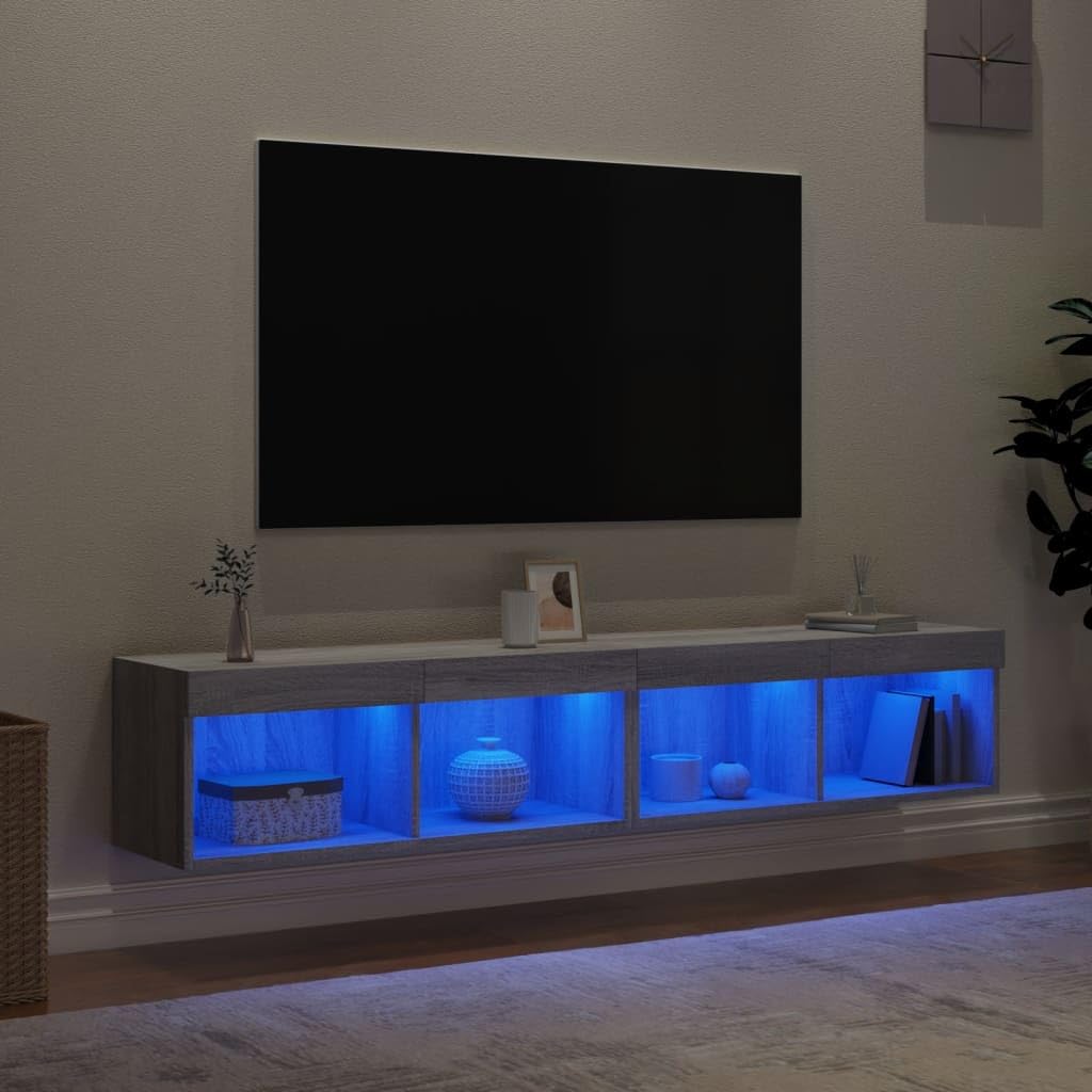 Juego de 2 armarios de TV con luces LED, gris Sonoma, 80 x 30 x 30 cm, montaje en pared, espacio de almacenamiento para salón, madera resistente