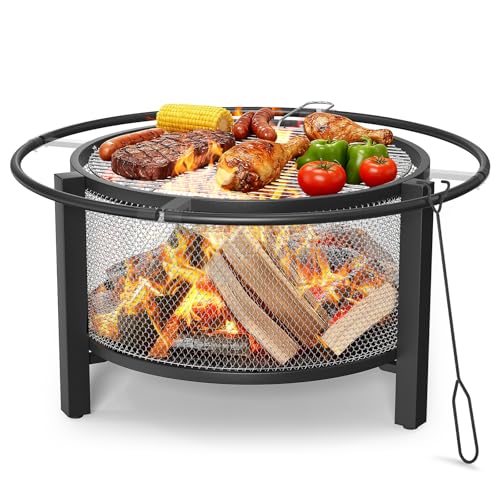 ONBRILL 2-in-1 32 Inch Fire Pit with Cooking Grill, Outdoor Wood Burning Firepit with Poker for BBQ, Bonfire, Picnic, Party, Round Metal Fire Pit for Outside, Backyard, Patio