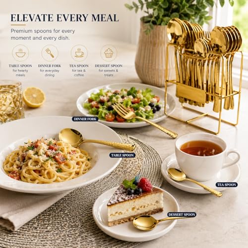 Image of 25 Piece Gold Cutlery Set for Kitchen & Dining Luxury Stainless Steel Golden Flatware Set with Stand (6 Dessert Spoons, 6 Dessert Forks, 6 Tea Spoons, 6 Soup Spoons, 1 Storage Stand)