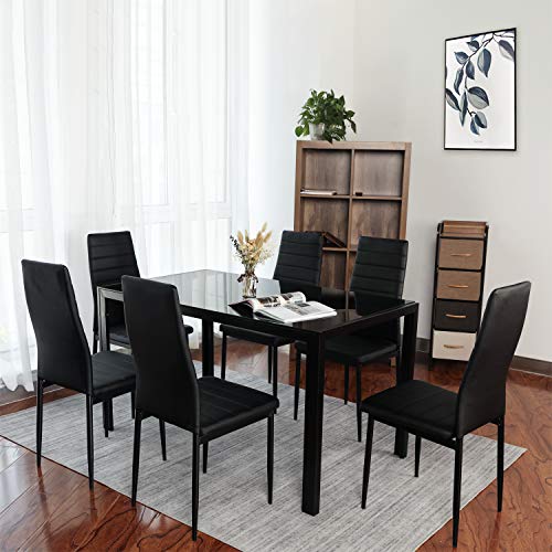 BAHOM 7 Piece Kitchen Dining Table Set for 6, Glass Table and PU Leather Chairs Set of 6 for Breakfast (7 Pieces)
