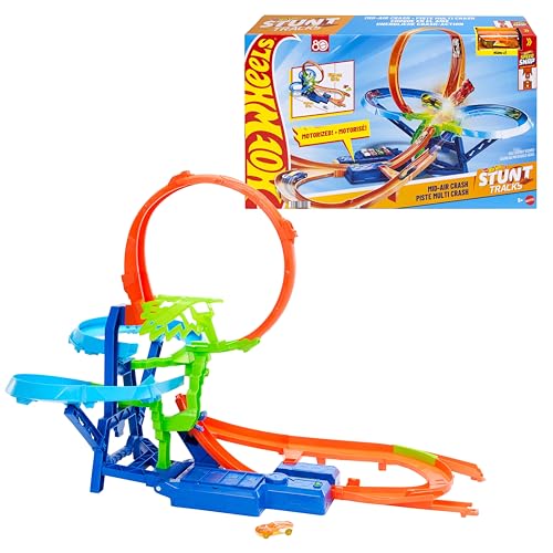 Hot Wheels Coffret Piste Multi Crash avec Voiture à l’échelle 1/64 et propulseur motorisé pour des Cascades et des Courses en continu, JKJ78