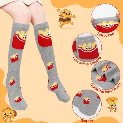 XEPST 6 Pairs Girls Knee High Socks - Colorful Cartoon Design Warm Cotton Knee Socks Mid-Calf Boot Socks Funny Socks Odd Socks Christmas Gifts for Girls 3-12 Years - One Size, Food Pattern3
