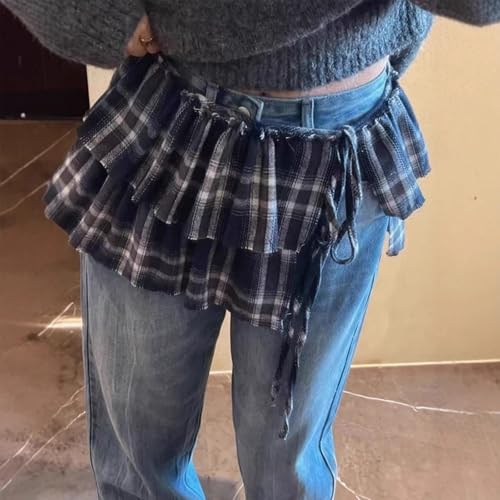 Women Layering Wrap Skirt Hip Scarf Plaids Checkered Tiered Ruffled Hip Covering Tie Up Bandage A Line Short Apron Skirt Black4