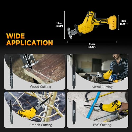 Cordless Reciprocating Saw for DeWalt 20V MAX Battery, 0-3000 SPM Variable Speed Trigger, Tool-free Blade Change, Power Recipro Saw with 4 Saw Blades for Wood & Metal, Trees, PVC Cutting(No Battery)