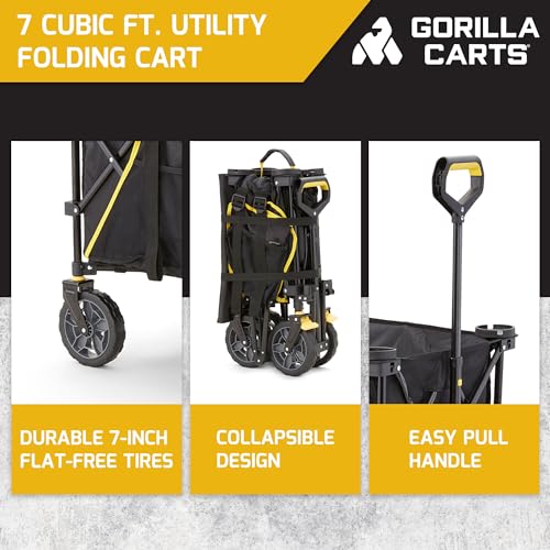 Gorilla Carts Collapsible Folding Outdoor Utility Wagon, 7 Cu Ft Oversized Bed, 150 lb Load Rating, Black – Foldable Rolling Cart w/ Pockets & Cup Holders for Beach, Camping, Sports or Picnic