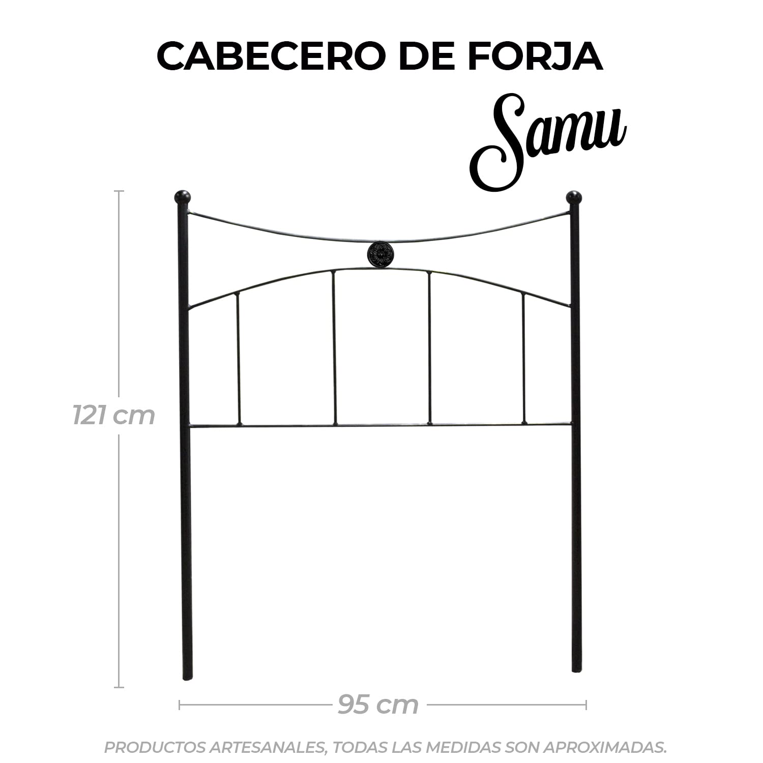 El Herrero Cabecero de Forja | Cabezal para Cama Individual de 90 cm | Modelo Samu Medallon | Producto Artesanal, Hecho en España (Black)