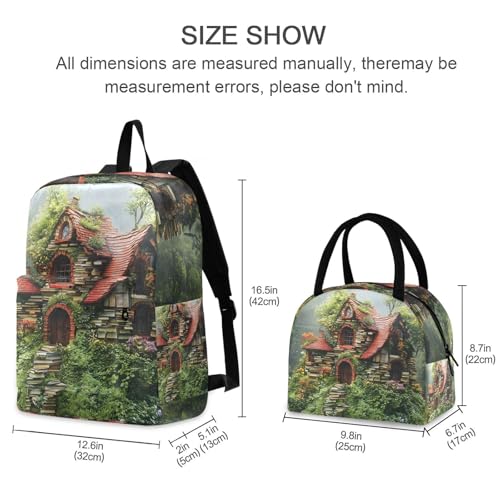 Backpack Lunch Box Set Large Capacity Travel Backpacks and Insulated Lunch Bag for Commute Hiking Picnic Surreal House Print2