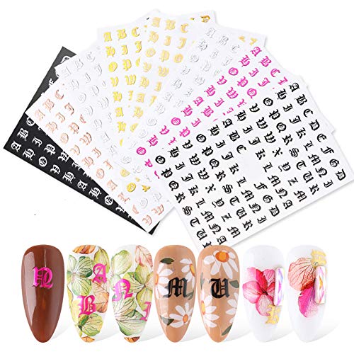Holographic Letter Nail Art Sticker Old English Alphabet Nail Art Sticker 3D-Adhesive Holographic Letter Nail Decals Nail Stickers for Women Girls DIY Design Manicure Decor 8 Sheets