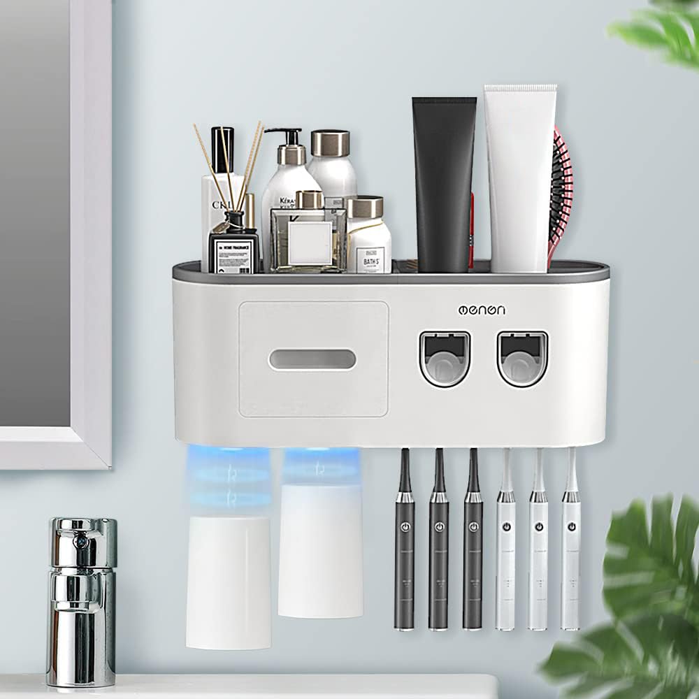 Toothbrush Holders Wall Mounted, Toothbrush Holder with Double Automatic Toothpaste Dispensers, 6 Brush Slots, 2 Magnetic Cups,1 Cosmetic Drawer Organizer and 1 Large Storage Tray（Grey）