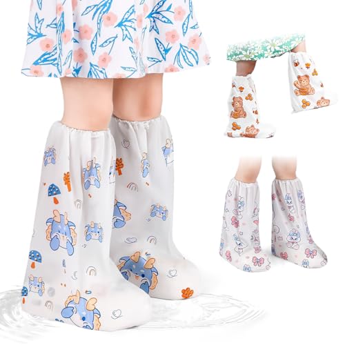 Image of PALAY Rain Shoe Covers for Kids, 3 Pairs Slip-On Shoe Covers with Elastic Collar, Knee-Length, Fashion Cartoon Wear-Resistant, for Kids 5-12 Years Old