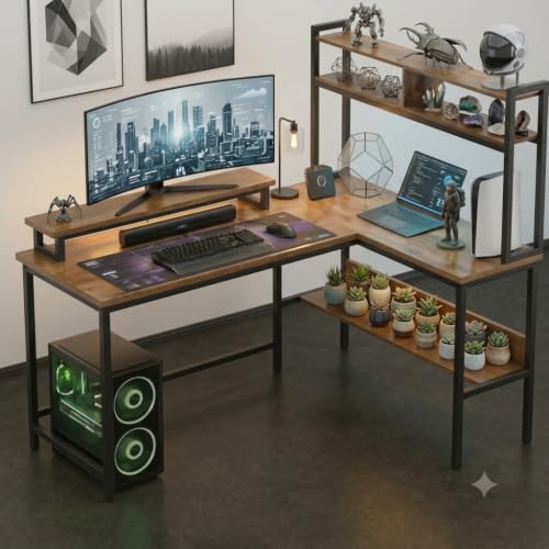 Image of TEKAVO Tonny L Shape Table for Home Office, Computer Table for Home Pc, L Shaped Office Table, Gaming Work Desk | with Book Shelf + Monitor Riser, Forest Wood, Metal (124 x 48 x 75 Cm) | DIY