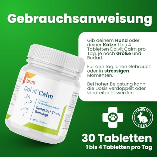 Dolvit Calm Beruhigungsmittel für Hunde und Katzen 30 Tabletten, Entspannungs- & Anti-Stress-mittel für Hunde mit Baldrian, L - Tryptophan und Zitronenmelisse, Schmackhaft und Leicht Enzunehmen