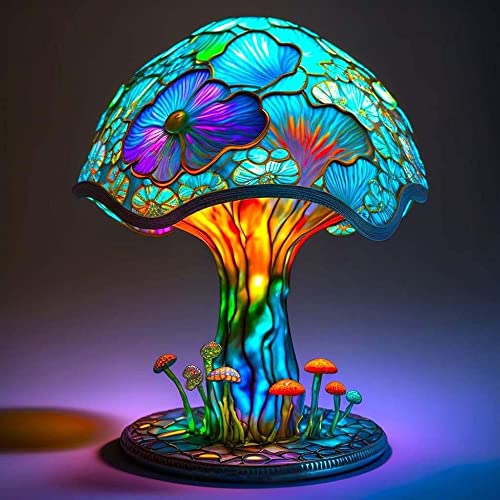 Stained Glass Plant Series Table Lamp,Painting Glass Mushroom Table Lamp Hight Table Lamp Night Light, Vintage Desk Lamps Decorative Bedside Lamp For Bedroom Living Room Home Office Decor (Small Mushroom Colorful Table Lamp) #TOP1
