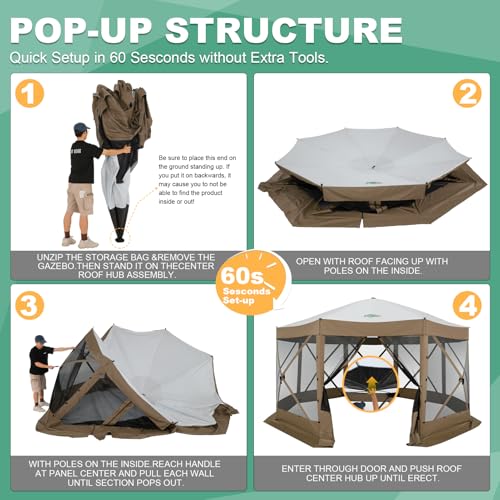 Image of COBIZI 15x15 FT Pop Up Gazebo - Canopy Tent, Large Gazebos On Clearance,Instant Screened in Gazebo,carpas para Patio,Portable Screen Tents for 12-15 Persons Outdoor Camping, Backyard, Brown