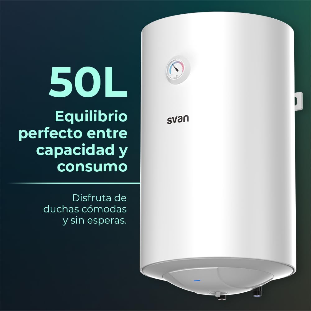 Svan Termo Eléctrico Vertical 50 Litros ST5001S. Instalación Vertical, 1500W, Incluye Kit de Montaje, Resistencia de Acero inoxidable, Blanco, Eficiencia Energética Clase C