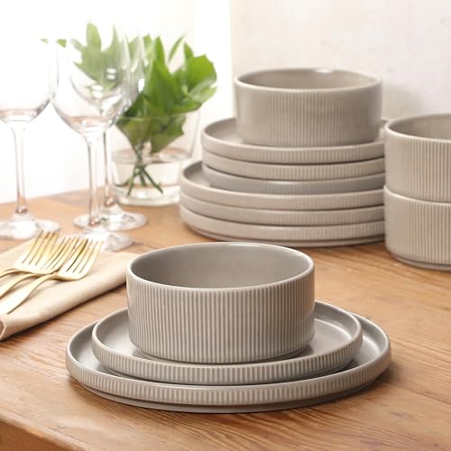 Image of Gibson Elite Avant-Garde 12 Piece Stoneware Dinnerware Set for 4, Chateau Grey Plates and Bowls Set with Reactive Glaze, Includes Dinner Plates, Salad Plates and Bowls