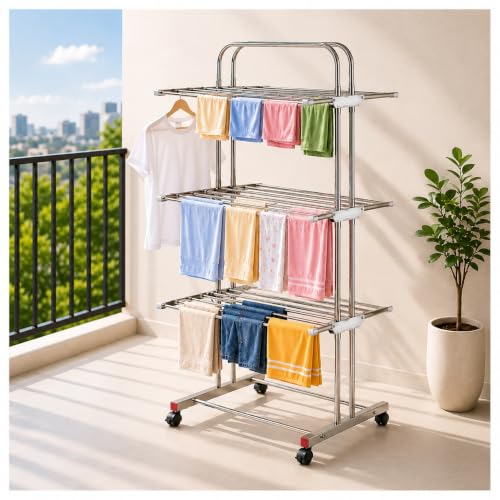 Image of SR Heavy Duty 304 Stainless Steel Foldable Cloth Dryer Stand | 3 Layer Movable Clothes Drying Rack for Indoor & Outdoor | Foldable Laundry Drying Rack | Cloth Stand for Balcony (Steel Mirror)