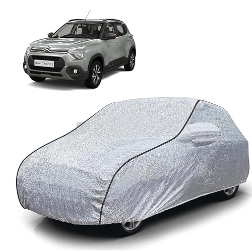Image of Sulfar 100% Waterproof Car Body Cover Compatible with Mirror for CITROEN C3 (Triple Stitched, Full Bottom Elastic, Magic Silver with Black Piping)