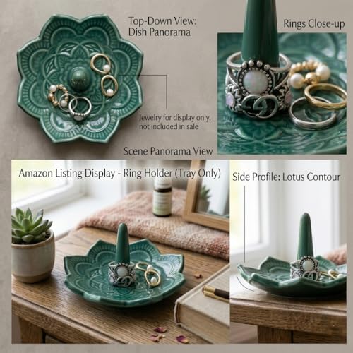 Image of Small Green Mandala Ring Holder Dish, Trinket Dish Jewellery Holder Ring Stand, Ceramic Decorative Ring Holder, Gifts for Women, Female Friend, Birthday Christmas Wedding Valentines' Present