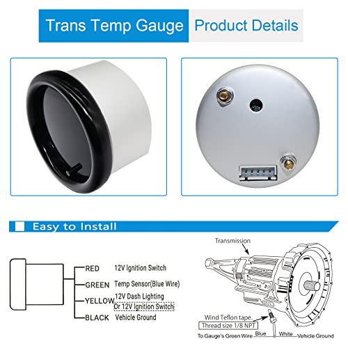 Transmission Temperature Gauge - 7 Color 80-260 F Trans Temp Gage 52Mm 2-1/16" Led Backlight Black Meter Dial With Temp Sensor Fit For Truck #TOP5