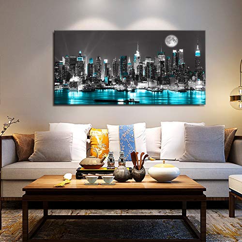 Canvas Wall Art Blue Sea New York Paintings Wall Art,Black And White Stretched Wall Art For Bedroom Artwork Canvas Art Prints, 20"X40"Wall Decoration Painting Bedroom Wall Decor Office, Ready To Hang #TOP4